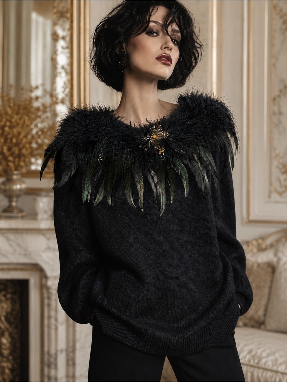 Rare 80s 90s Victoria Jones Feather Sweater Maximalist Gothic Glam Vintage Sz XL